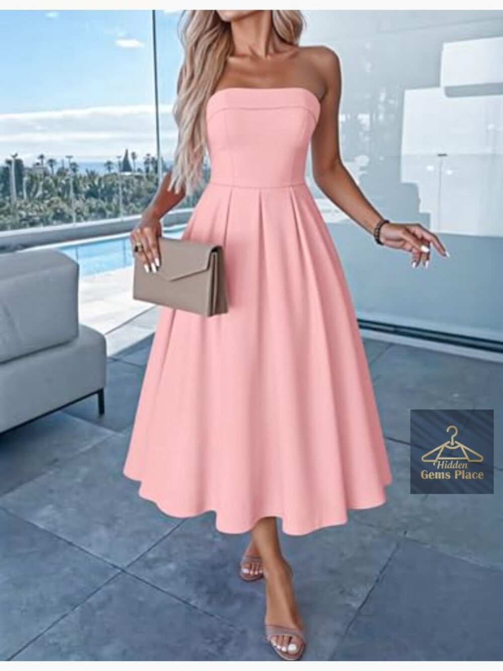 Strapless Cocktail Midi Dress Flowy A-Line Wedding Guest Party Dress - Picture 3 of 7